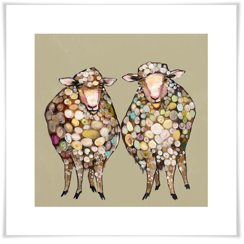 2 Woolly Sheep on Taupe - Paper Giclée Print