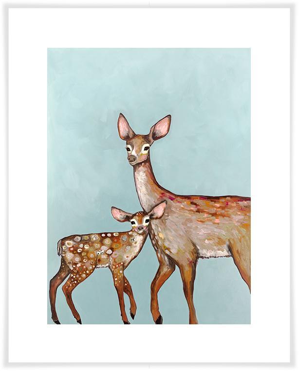 Deer with Fawn Blue - Paper Giclée Print
