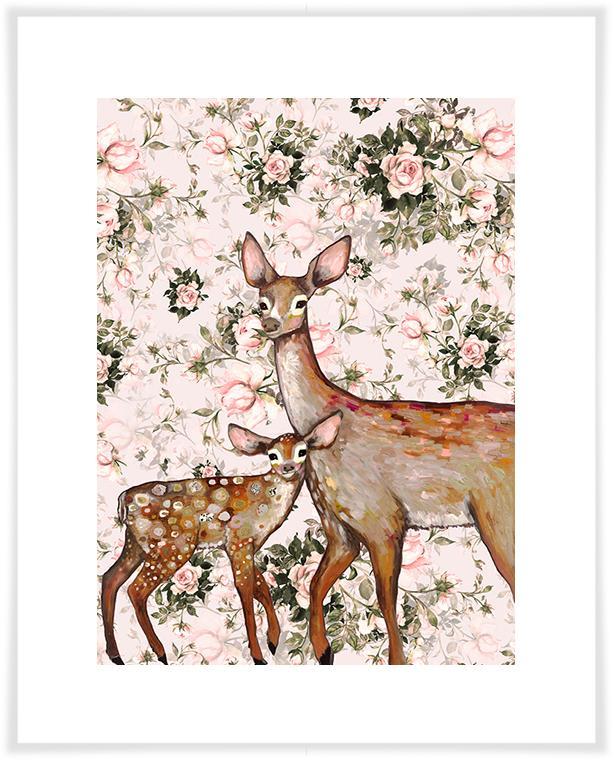 Deer with Fawn Floral - Paper Giclée Print
