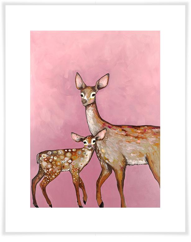 Deer with Fawn Pink - Paper Giclée Print