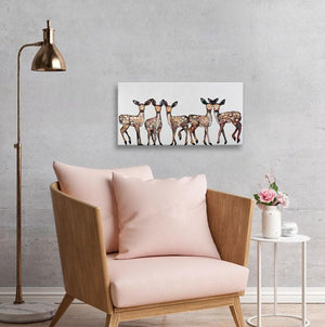 5 Dancing Fawns in White - Canvas Giclée Print