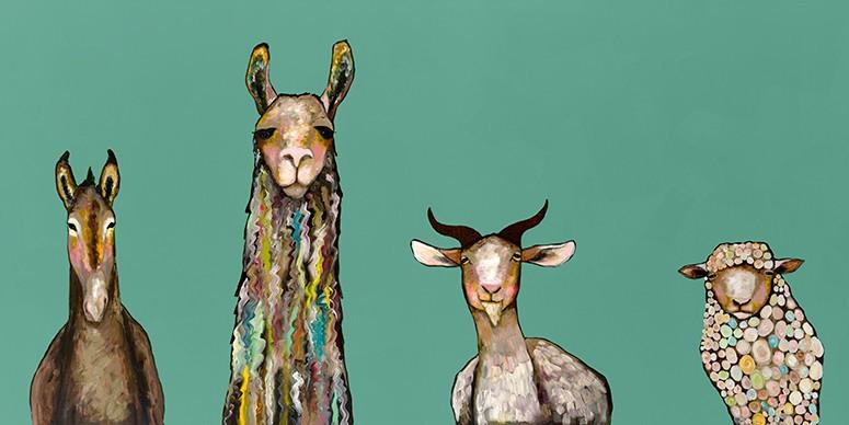 Donkey, Llama, Goat, Sheep on Teal - Canvas Giclée Print