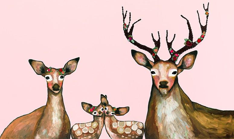 Flower Deer Family on Blush - Canvas Giclée Print