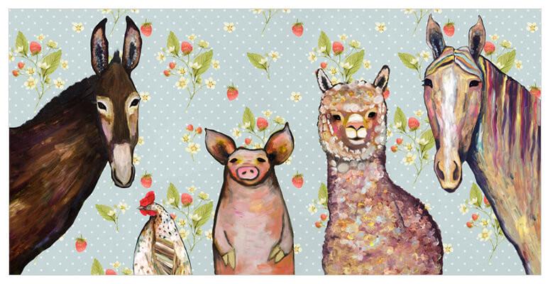 Alpaca and Pals in Strawberry Patch - Canvas Giclée Print