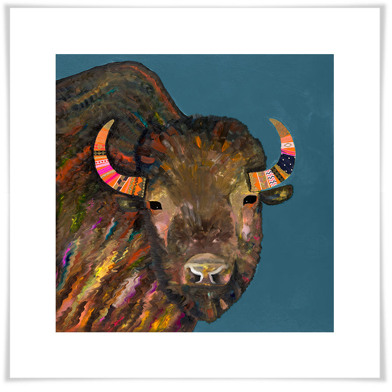 Bison With Ribbons In Her Hair on Blue - Paper Giclée Print
