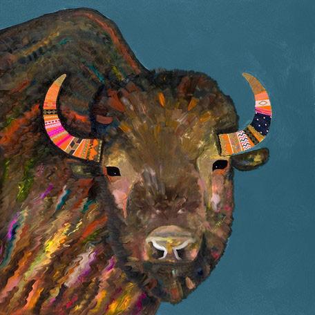Bison With Ribbons In Her Hair on Blue - Canvas Giclée Print