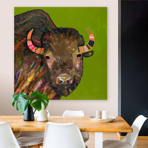 Bison With Ribbons In Her Hair on Green - Canvas Giclée Print