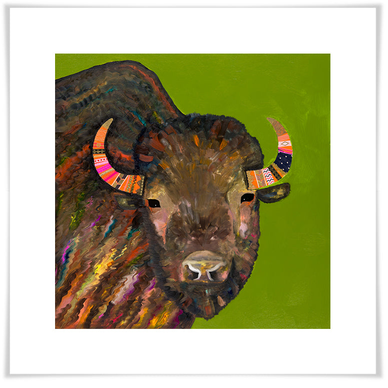 Bison With Ribbons In Her Hair on Green - Paper Giclée Print