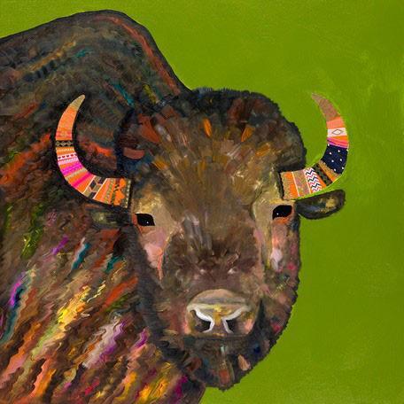 Bison With Ribbons In Her Hair on Green - Canvas Giclée Print