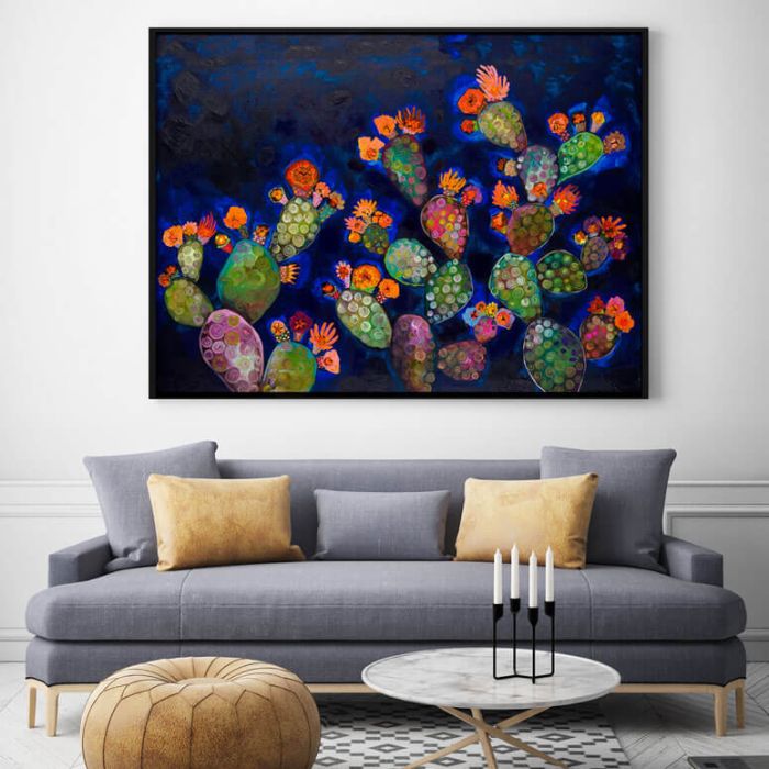 Prickly Pears in Prussian Blue with Orange Blooms - Canvas Giclée Print