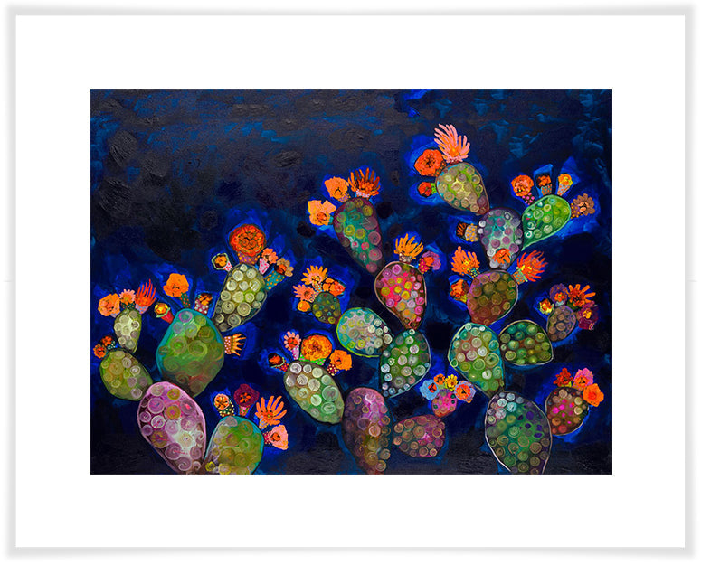 Prickly Pears in Prussian Blue with Orange Blooms - Paper Giclée Print
