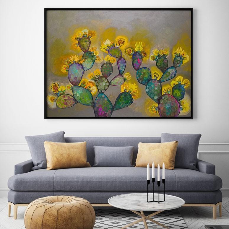 Prickly Pears in Grey with Yellow Blooms - Canvas Giclée Print