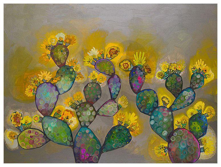 Prickly Pears in Grey with Yellow Blooms - Canvas Giclée Print