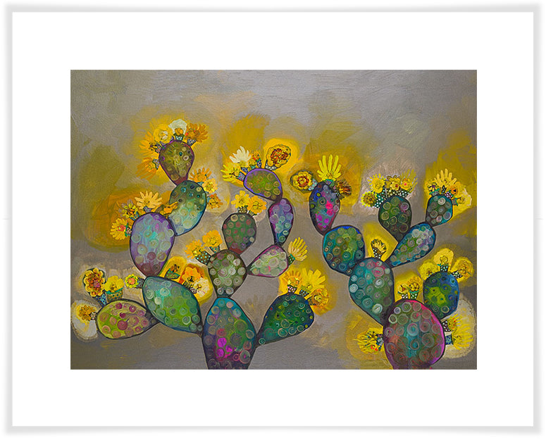Prickly Pears in Grey with Yellow Blooms - Paper Giclée Print
