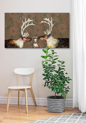 Caribou Family in Floral Wallpaper - Canvas Giclée Print