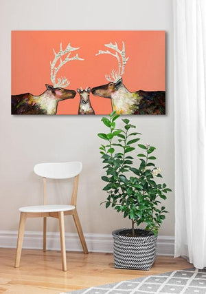 Caribou Family in Coral -  Canvas Giclée Print