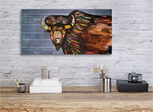 Crowned Bison in Tribal Blue- Canvas Giclée Print
