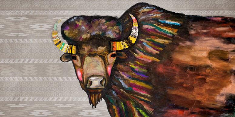 Crowned Bison in Tribal Cream - Canvas Giclée Print