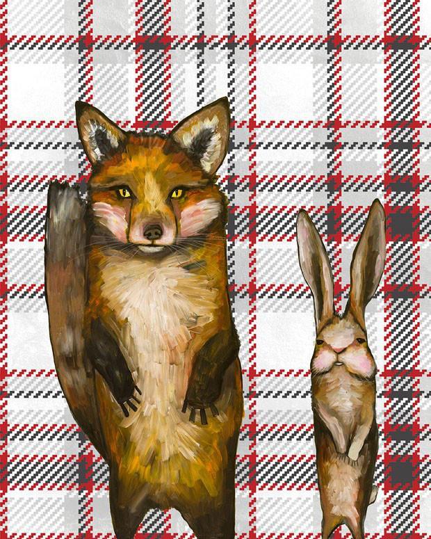 Fox and Rabbit Wedding Day on Tartan - Canvas Giclée Print