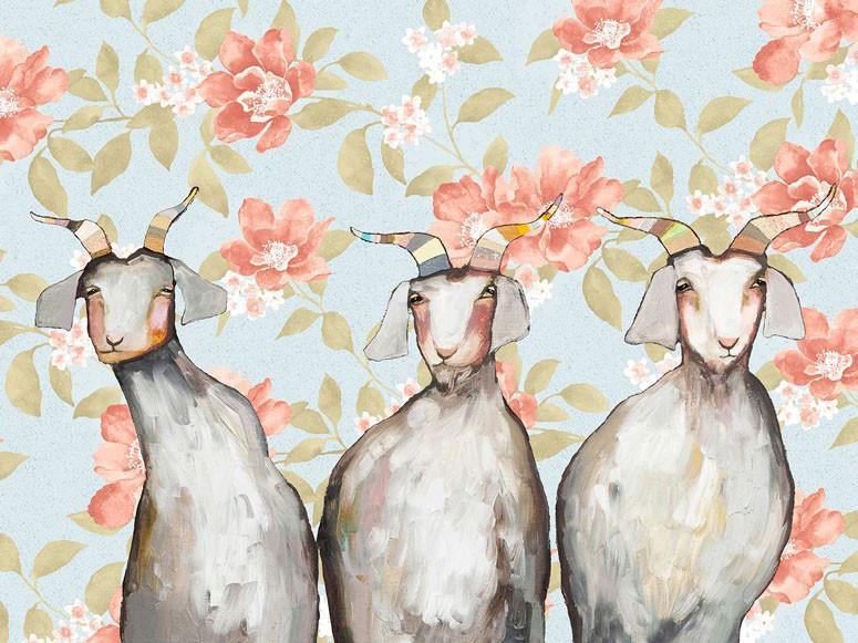 Trio of Goats Floral - Canvas Giclée Print