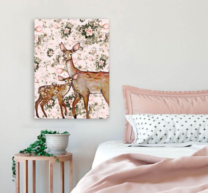 Deer with Fawn Floral - Canvas Giclée Print