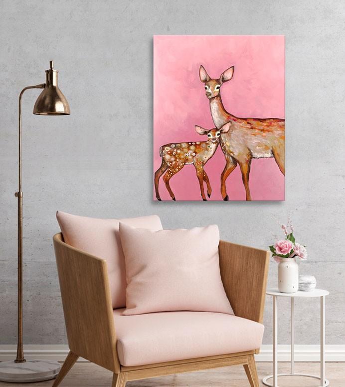 Deer with Fawn Pink - Canvas Giclée Print