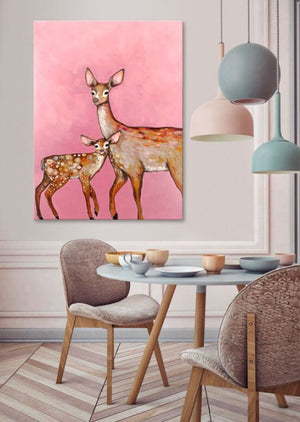 Deer with Fawn Pink - Canvas Giclée Print
