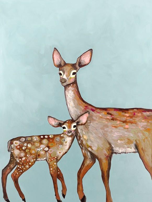 Deer with Fawn Blue - Canvas Giclée Print