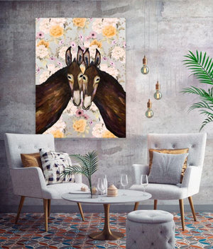 Donkey Duo Floral - Canvas Giclée Print