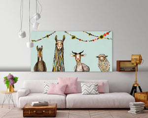 Donkey, Llama, Goat, Sheep with Garland - Canvas Giclée Print