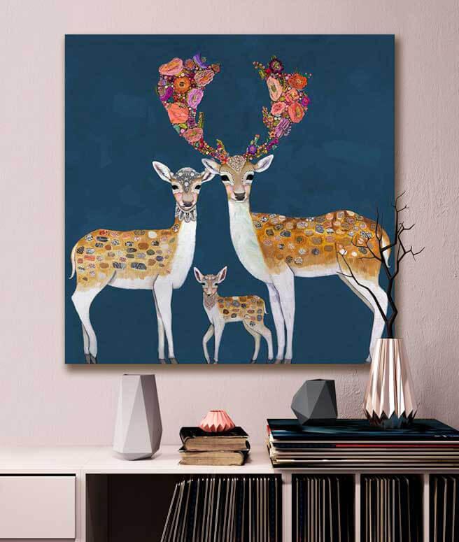 Fallow Deer Family Blue - Canvas Giclée Print