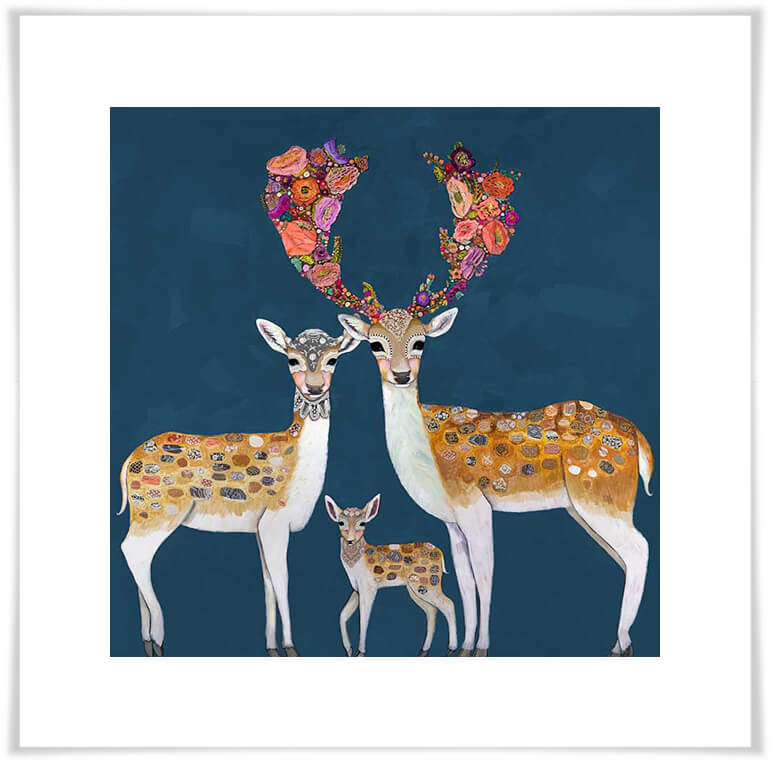 Fallow Deer Family Blue - Paper Giclée Print