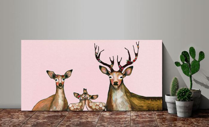 Flower Deer Family on Blush - Canvas Giclée Print