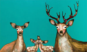Flower Deer Family on Teal - Canvas Giclée Print