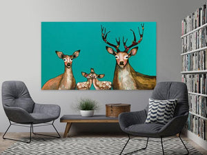 Flower Deer Family on Teal - Canvas Giclée Print