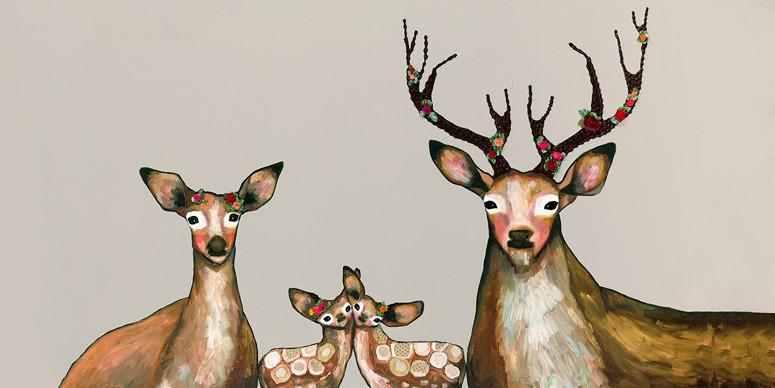 Flower Deer Family on Cream - Canvas Giclée Print