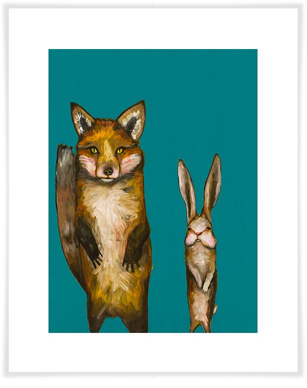 Fox and Rabbit Wedding Day on Teal - Paper Giclée Print