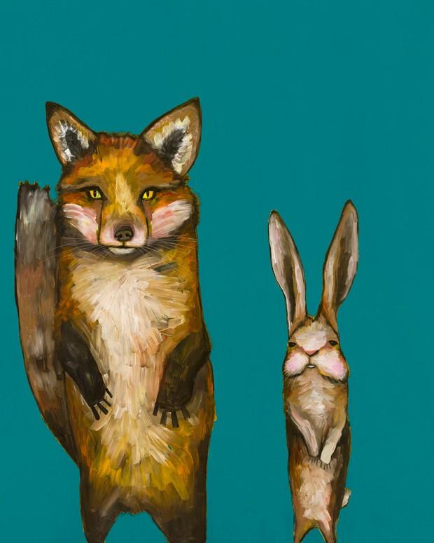 Fox and Rabbit Wedding Day on Teal - Canvas Giclée Print