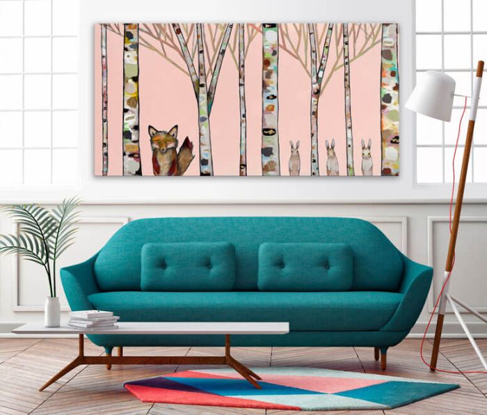 Fox and Rabbits Coral - Canvas Giclée Print