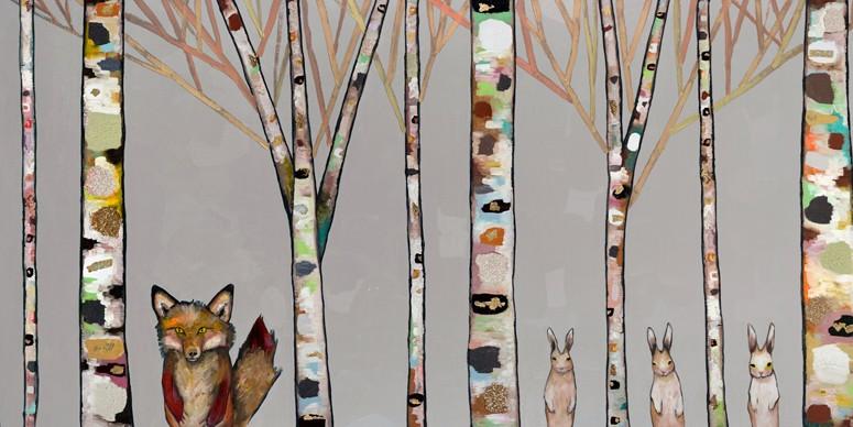 Fox and Rabbits Gray - Canvas Giclée Print