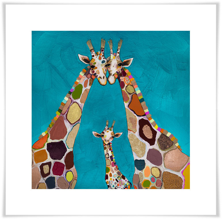 Giraffe Family in Turquoise - Paper Giclée Print