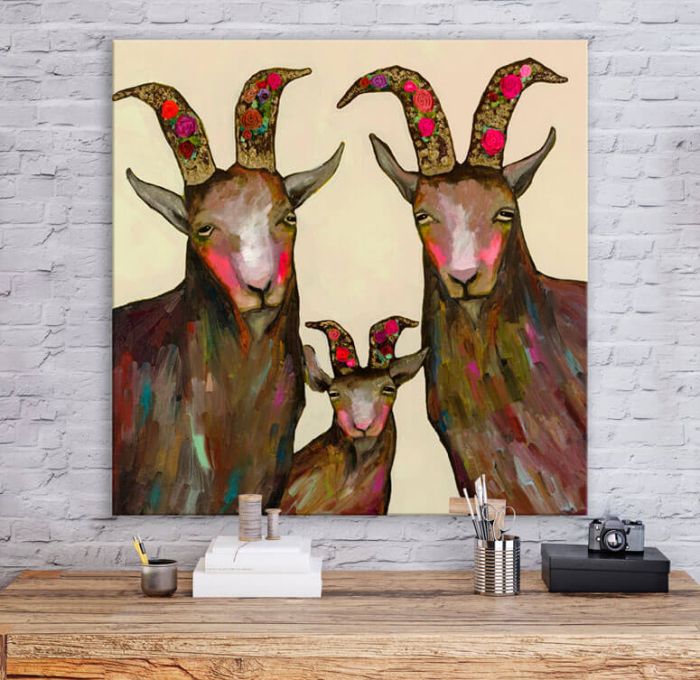 Goat Family Portrait Cream - Canvas Giclée Print