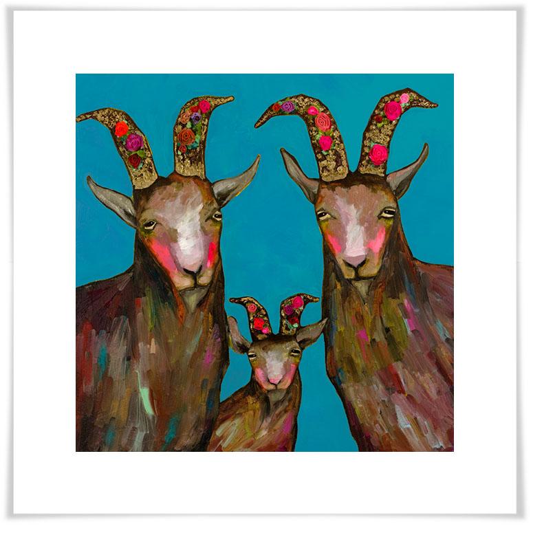 Goat Family Portrait Turquoise - Paper Giclée Print