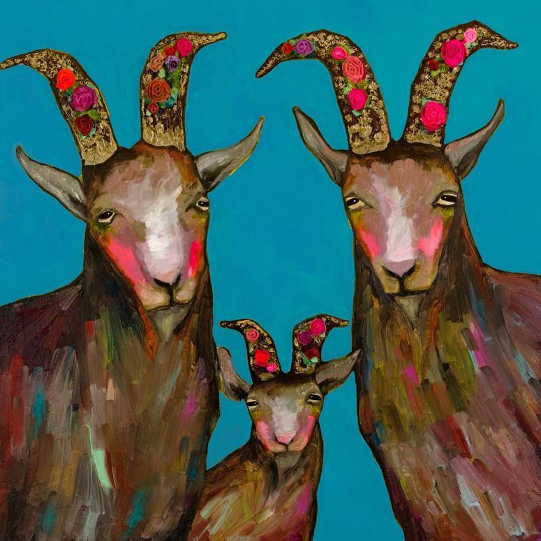 Goat Family Portrait Turquoise - Canvas Giclée Print