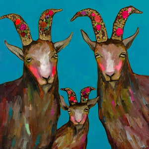 Goat Family Portrait Turquoise - Canvas Giclée Print