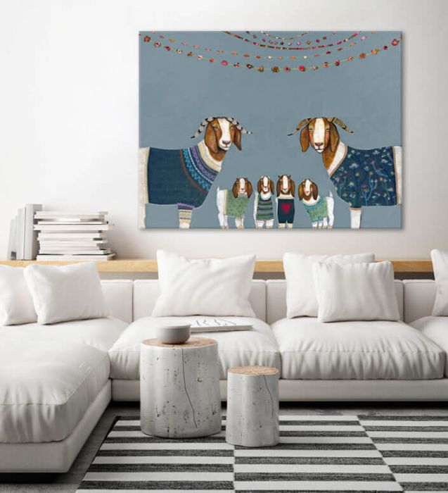 Goats in Sweaters Blue - Canvas Giclée Print