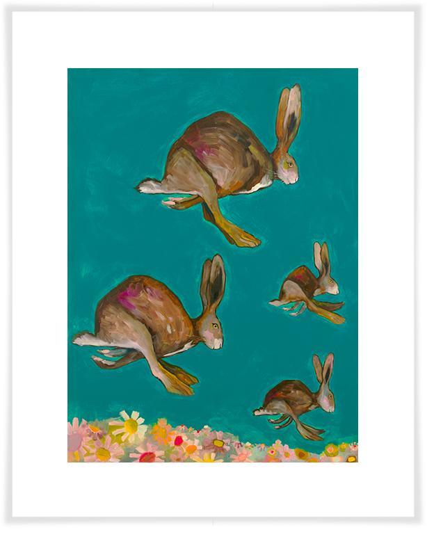 Happy Hopping on Teal - Paper Giclée Print