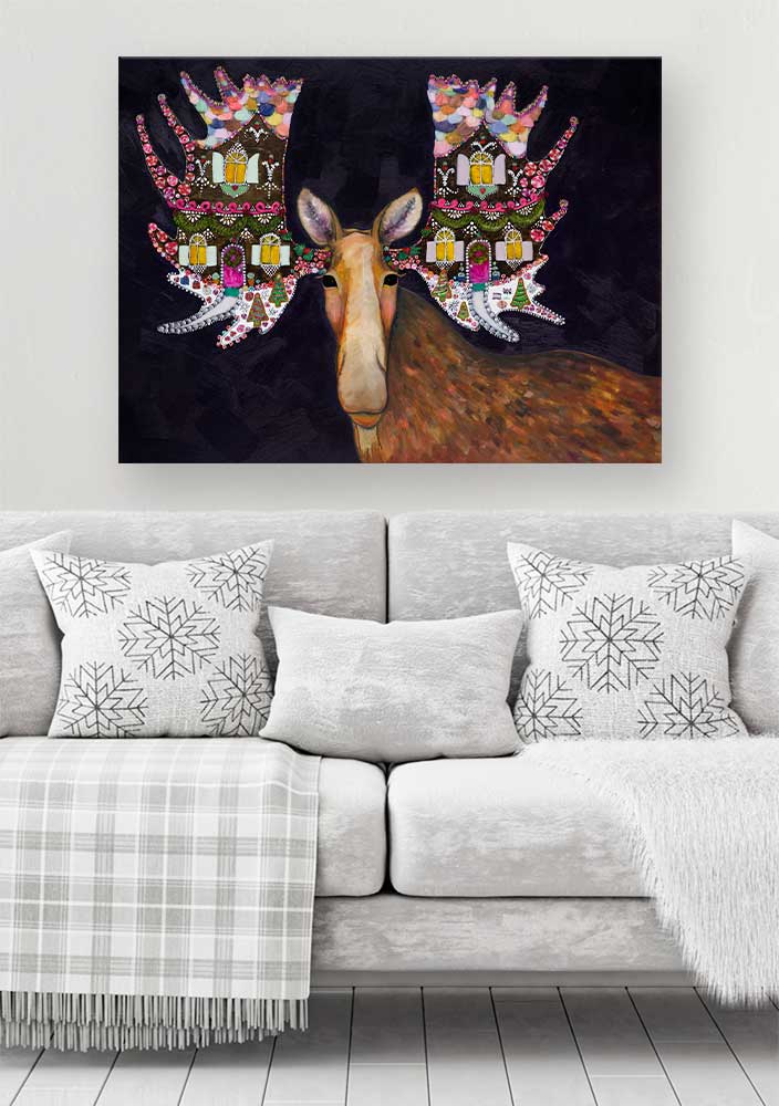 Holiday - Gingerbread House Moose - Canvas Giclée Print