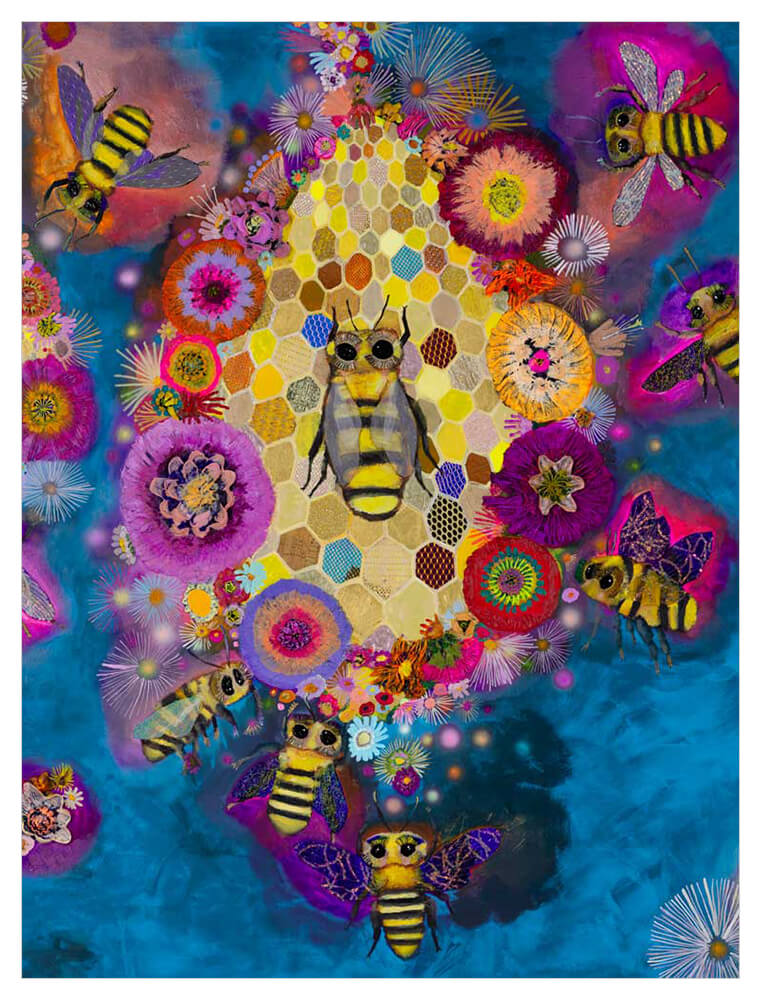 Bees in Ballgown Wings Close Up - Azure - Canvas Giclée Print