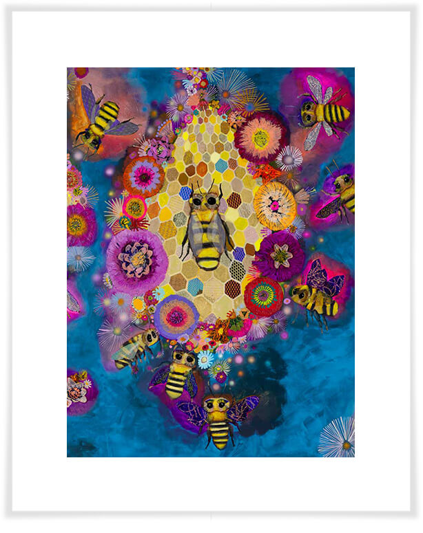 Bees in Ballgown Wings Close Up - Azure - Paper Giclée Print